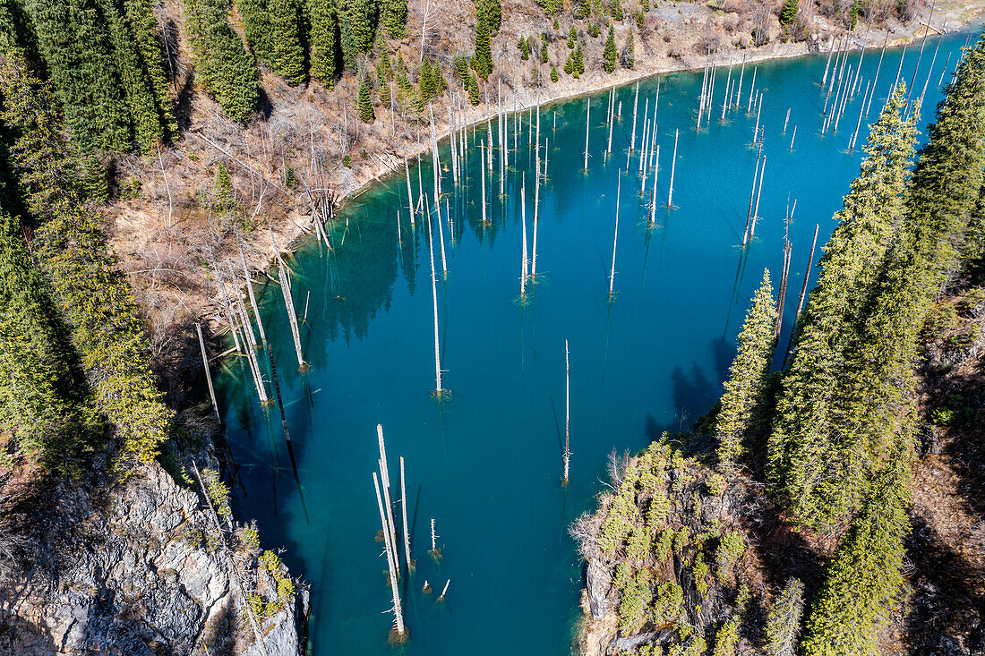 Luftaufnahme des Kaindy-Sees mit seinen abgestorbenen Bäumen, Kolsay-Seen-Nationalpark, Tian-Shan-Gebirge, Kasachstan, Zentralasien, Asien