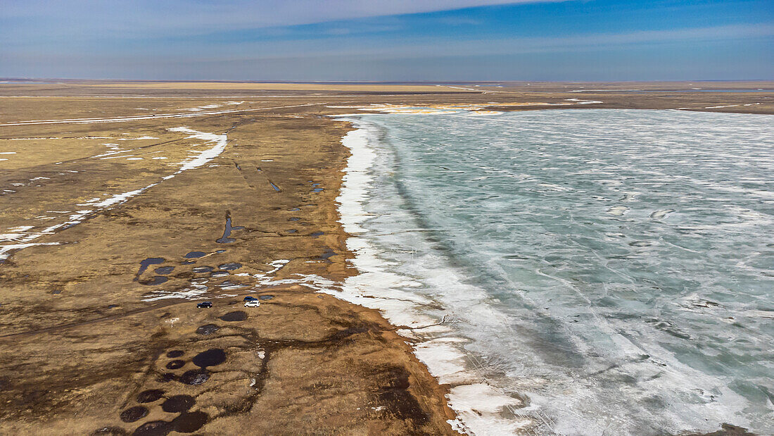 Aerial of Lake Tengiz, Korgalzhyn Nature Reserve, Saryarka, Steppe and Lakes of Northern Kazakhstan, UNESCO World Heritage Site, Kazakhstan, Central Asia, Asia