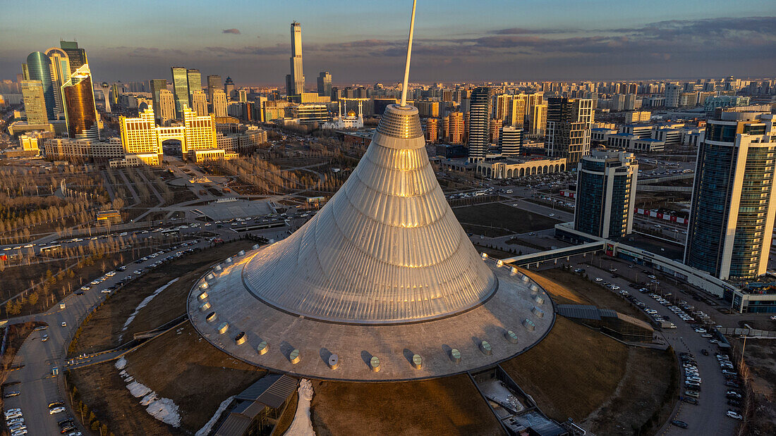 Aerial of Khan Shatyr, Nur Sultan, formerly Astana, capital of Kazakhstan, Central Asia, Asia