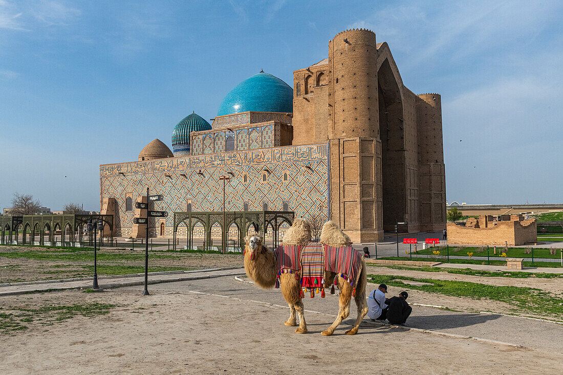 Bactrian camel in front of the Mausoleum of Khoja Ahmed Yasawi, UNESCO World Heritage Site, Turkistan, Kazakhstan, Central Asia, Asia