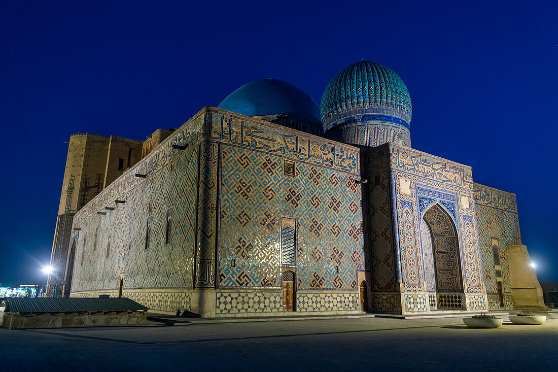 Night shot of the Mausoleum of Khoja Ahmed Yasawi, UNESCO World Heritage Site, Turkistan, Kazakhstan, Central Asia, Asia