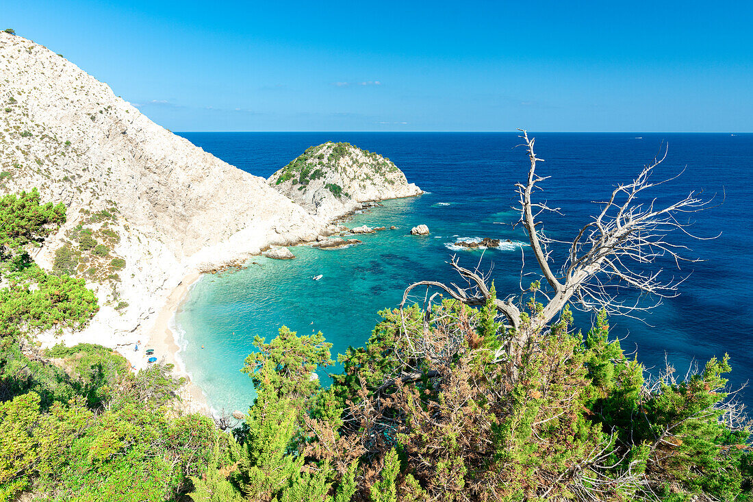 High angle view of the idyllic beach of Agia Eleni and cliffs, Kefalonia, Ionian Islands, Greek Islands, Greece, Europe