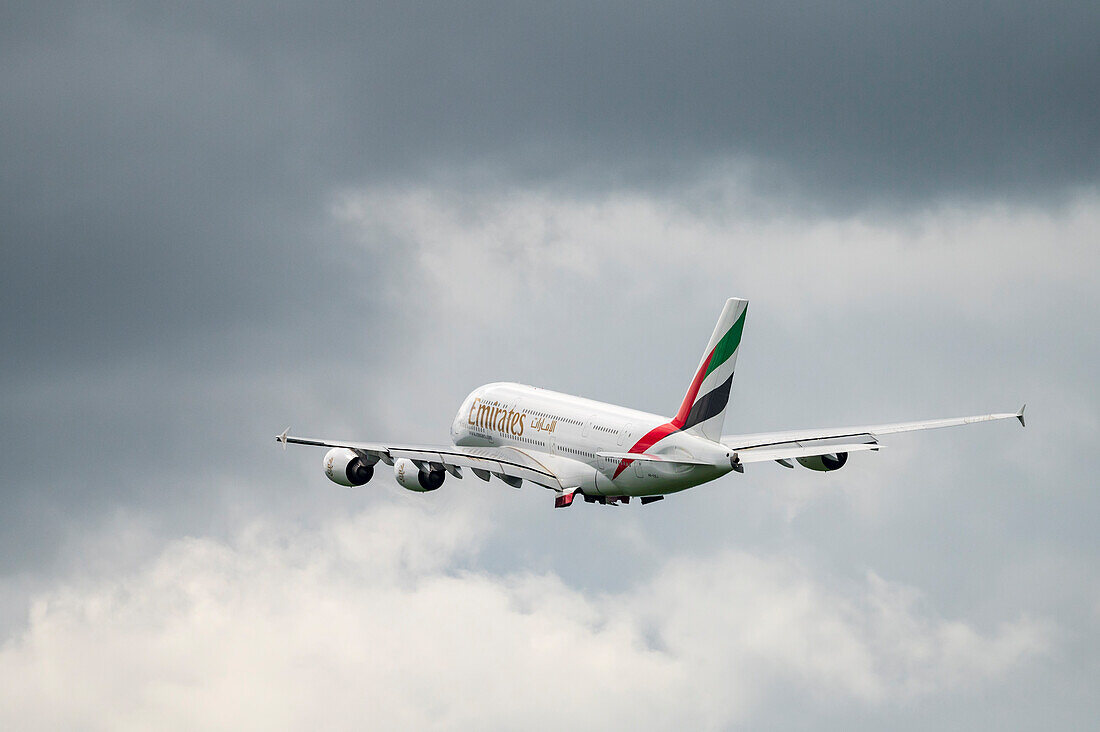 Emirates A380 after take off from Manchester Airport, Manchester, England, United Kingdom, Europe