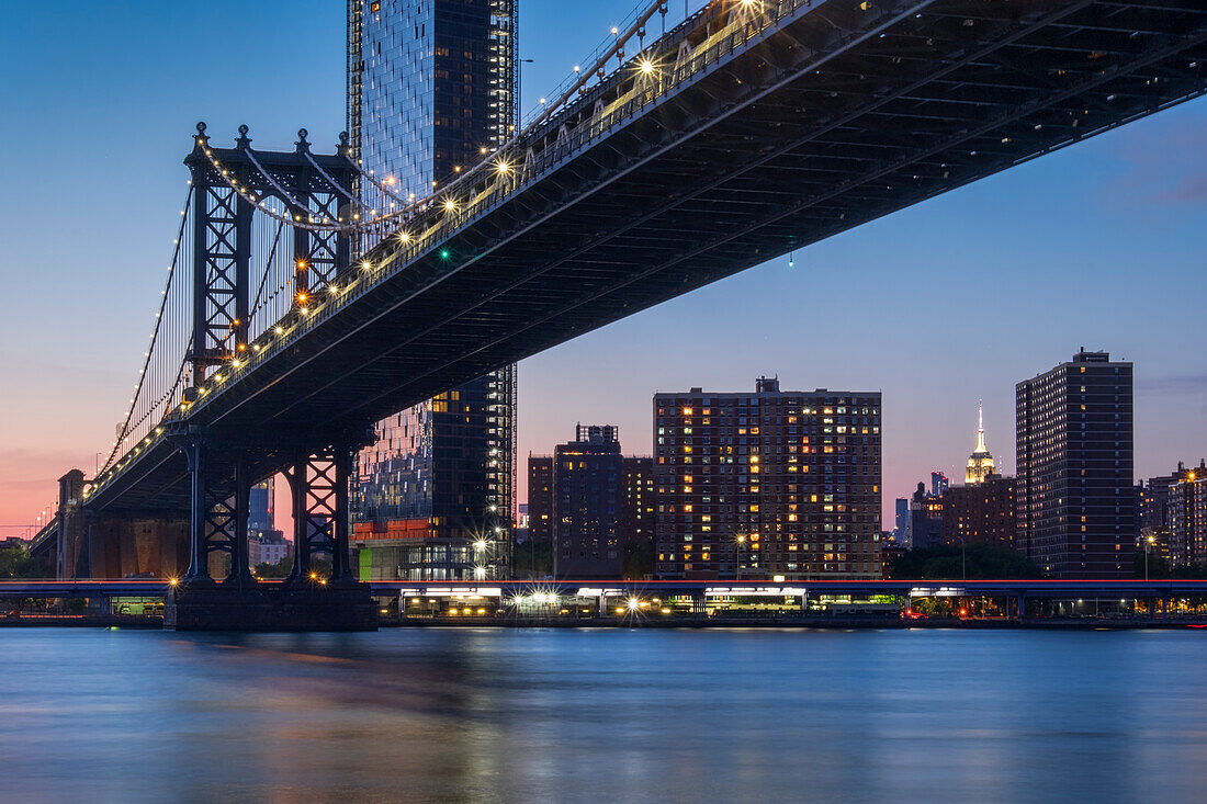 The Manhattan Bridge over the East River, at night, Manhattan, New York, United States of America, North America