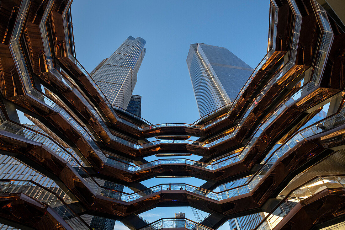 Looking up from inside The Vessel, Hudson Yards, Manhattan, New York City, New York, United States of America, North America