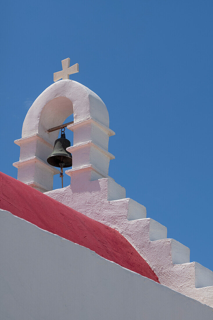 Bell tower of traditional church on the hillside near Ornos, Mykonos, The Cyclades, Aegean Sea, Greek Islands, Greece, Europe