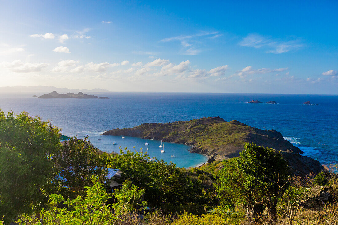 Hilltop view of Eastern Caribbean Sea and edges of St. Barths island, Saint Barthelemy, Caribbean, Central America