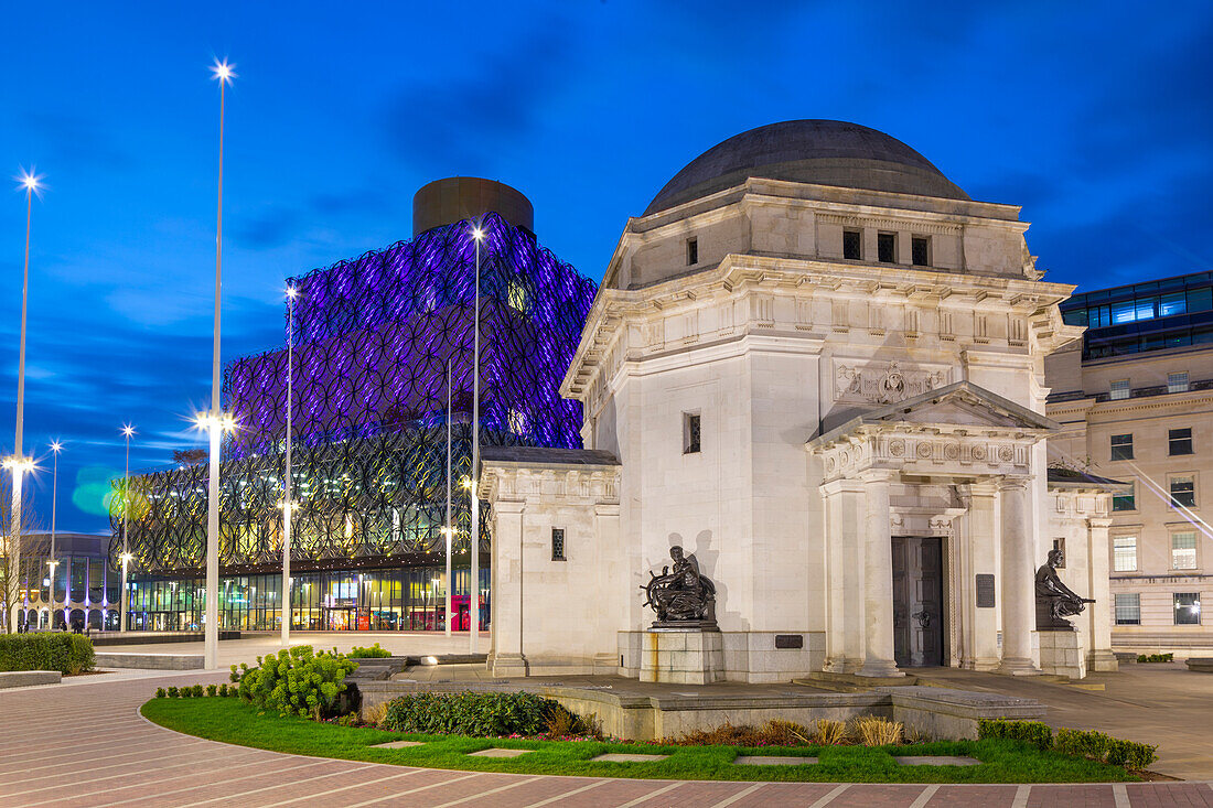 Dusk view of Hall of Memory War Memorial, Library of Birmingham, Centenary Square, Birmingham, England, United Kingdom, Europe