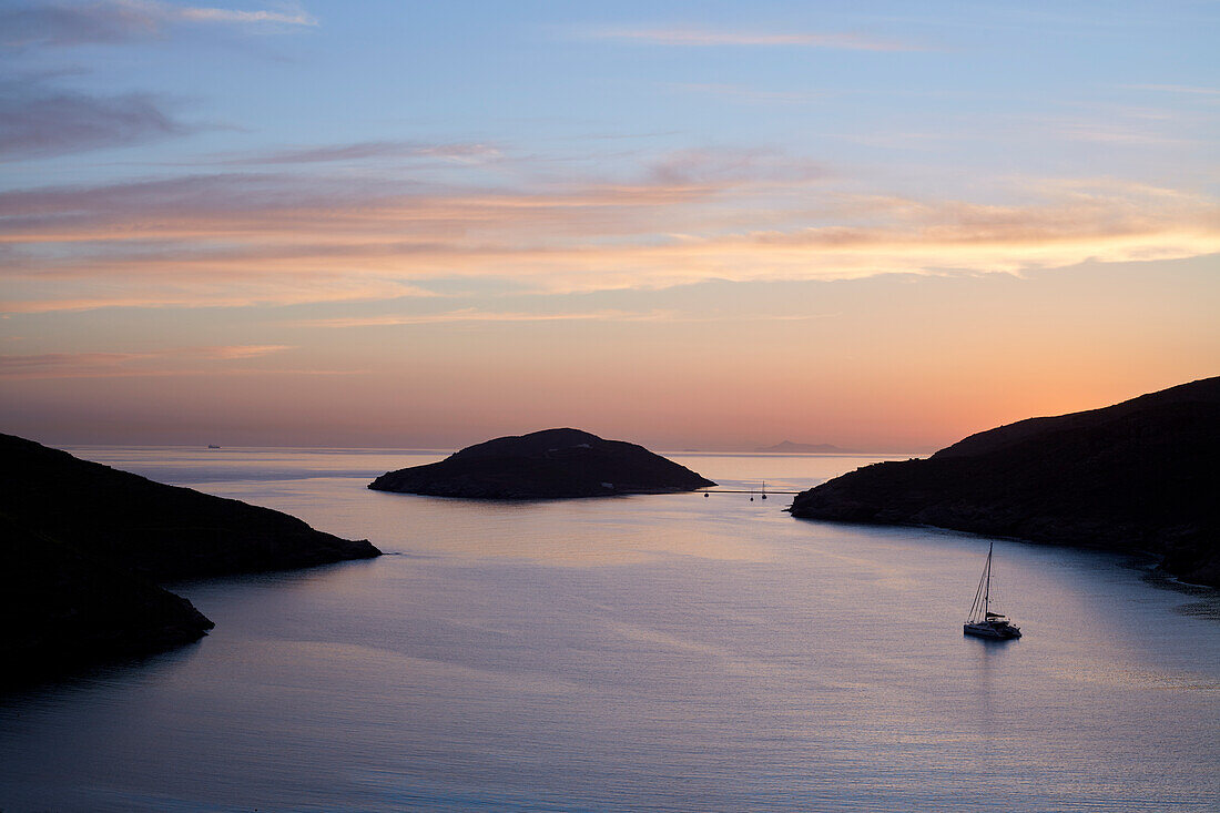 Sunset over Stin Kolonna beach, Kythnos island, Cyclades, Greek Islands, Greece, Europe