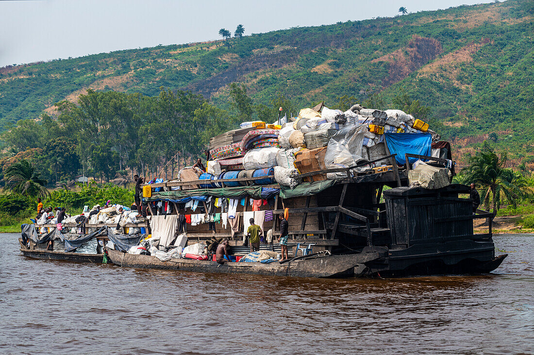Overloaded riverboat on the Congo River, Democratic Republic of the Congo, Africa