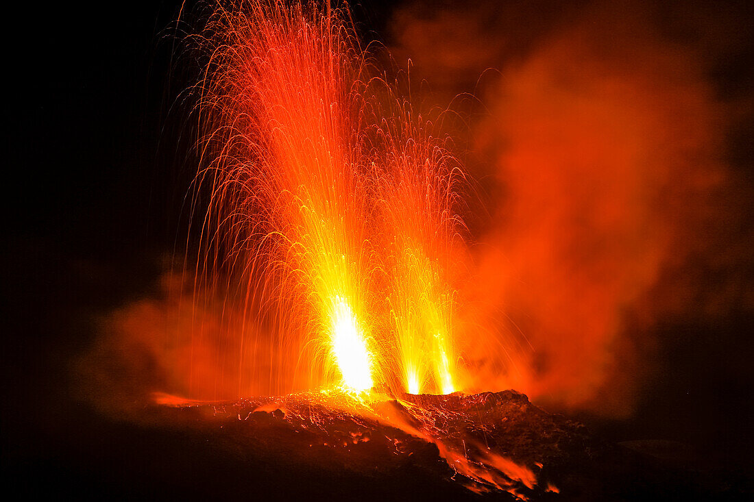 Lava bombs erupt from multiple vents on this volcano, active for at least 2000 years, Stromboli, Aeolian Islands, UNESCO World Heritage Site, Sicily, Italy, Mediterranean, Europe