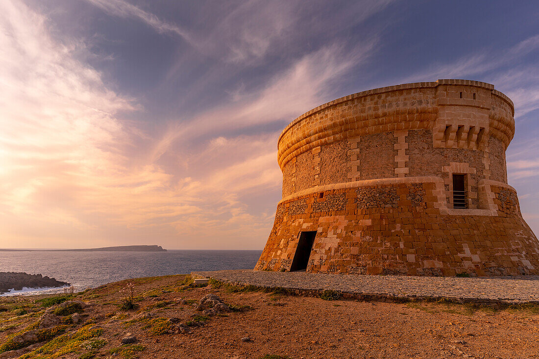 View of Fornelles Tower fortress and Mediterrainean Sea at sunset in Fornelles, Fornelles, Menorca, Balearic Islands, Spain, Mediterranean, Europe