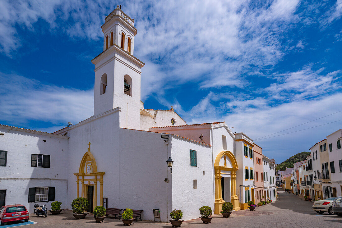 View of Sant Bartomeu de Ferreries in Placa de I'Esglesia, Ferreries, Menorca, Balearic Islands, Spain, Mediterranean, Europe