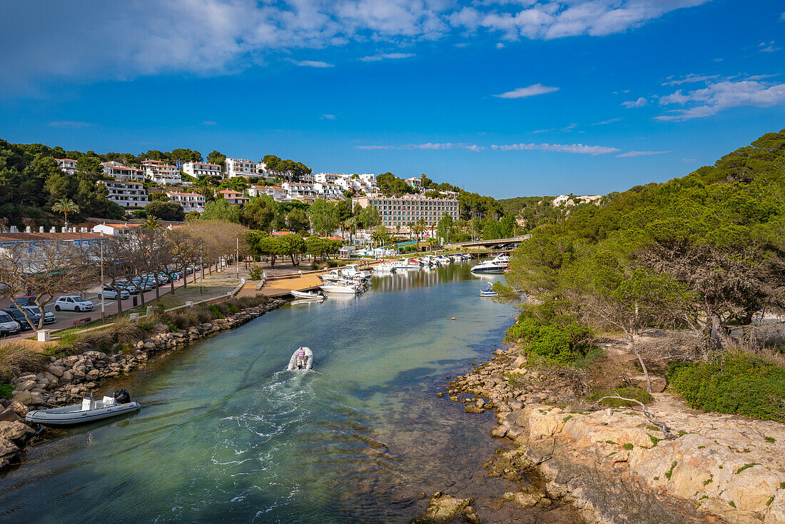 View of hotels overlooking boats at marina in Cala Galdana, Cala Galdana, Menorca, Balearic Islands, Spain, Mediterranean, Europe