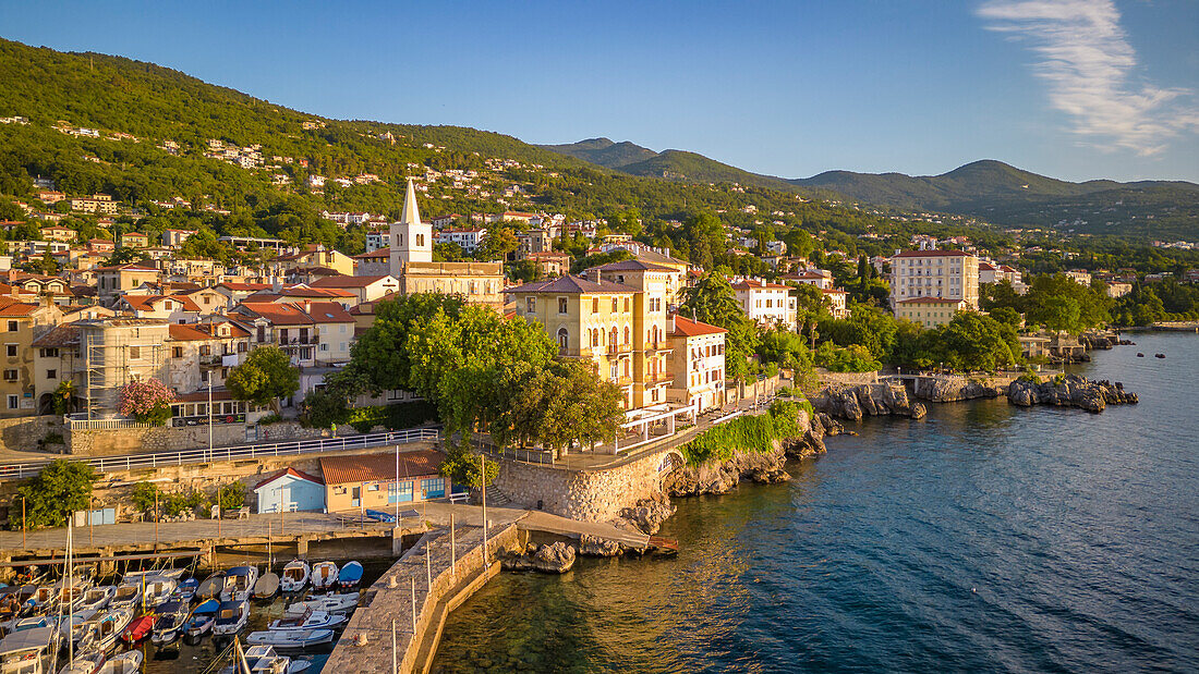 Aerial view of St. George's Church and Lovran at daybreak, Lovran, Kvarner Bay, Eastern Istria, Croatia, Europe