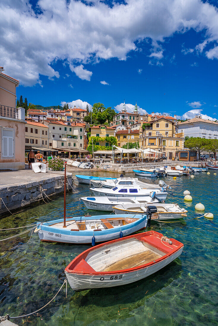 View of hotels and church overlooking marina at Volosko, Kvarner Bay, Eastern Istria, Croatia, Europe