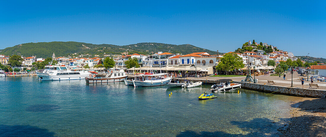 View of Belvedere Skiathos Old Port and Skiathos Town, Skiathos Island, Sporades Islands, Greek Islands, Greece, Europe