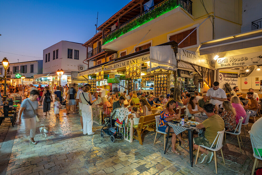 Busy street and nightlife in Skiathos Town, Skiathos Island, Sporades Islands, Greek Islands, Greece, Europe