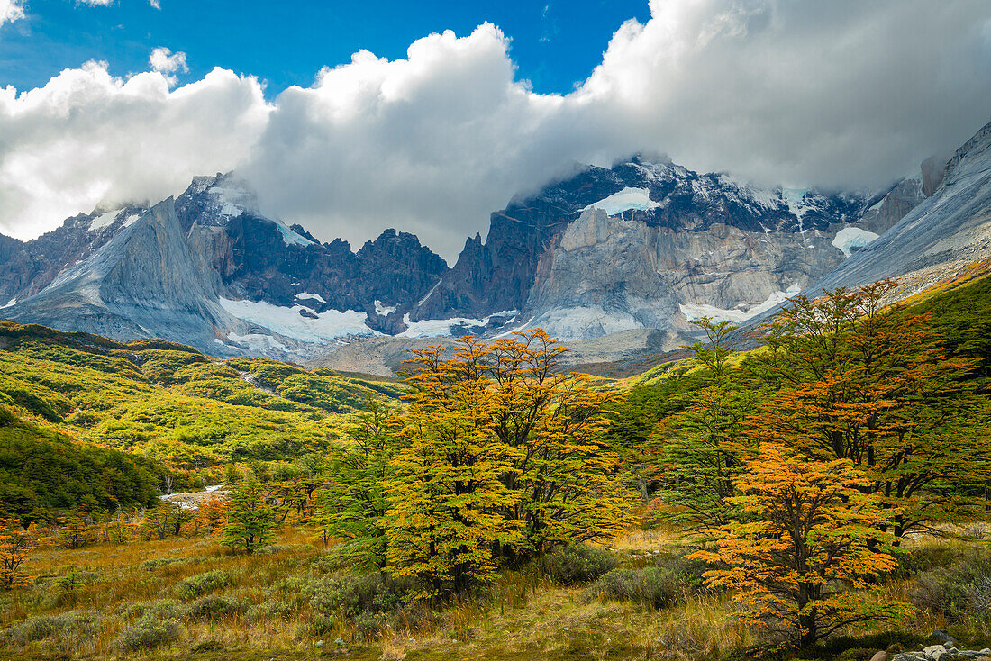 Mountains around Valle Frances (Valle del Frances) in autumn, Torres del Paine National Park, Patagonia, Chile, South America