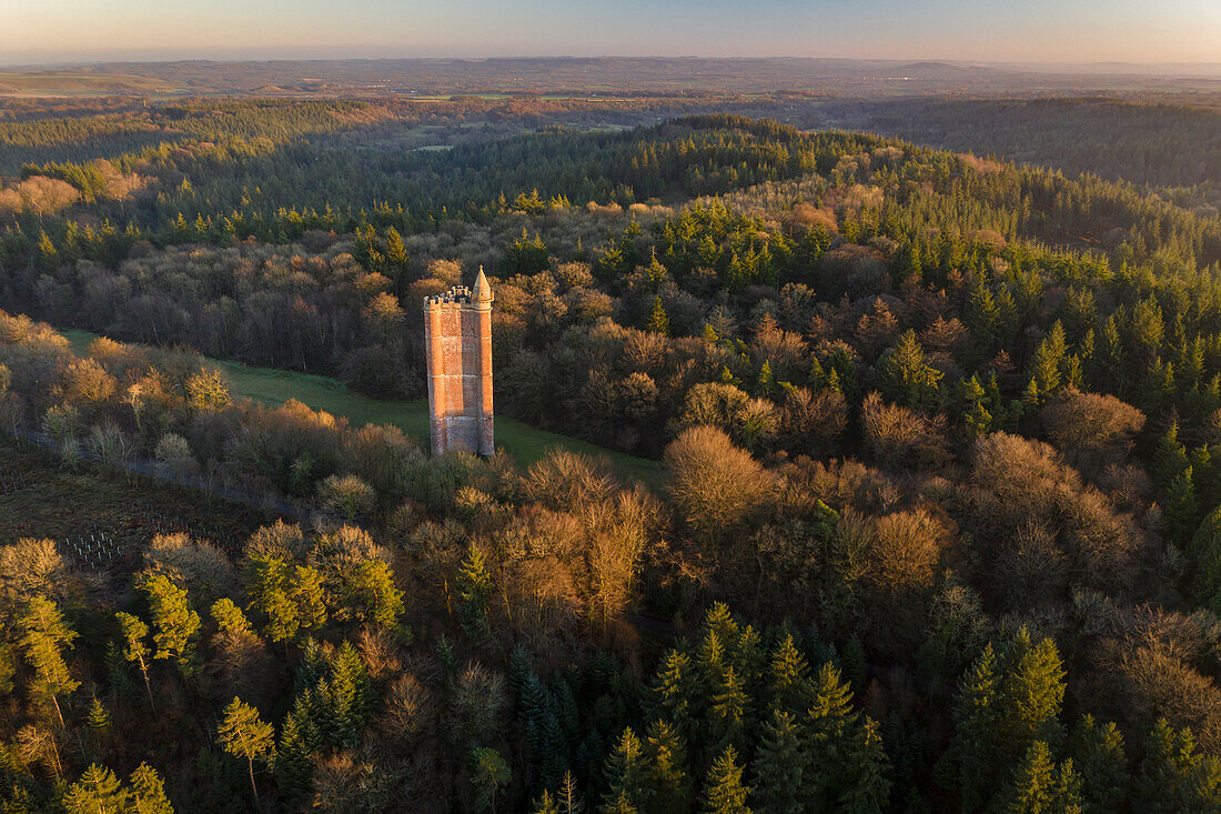 Aerial view of King Alfred's Tower, a folly near Stourhead, in winter, Somerset, England, United Kingdom, Europe