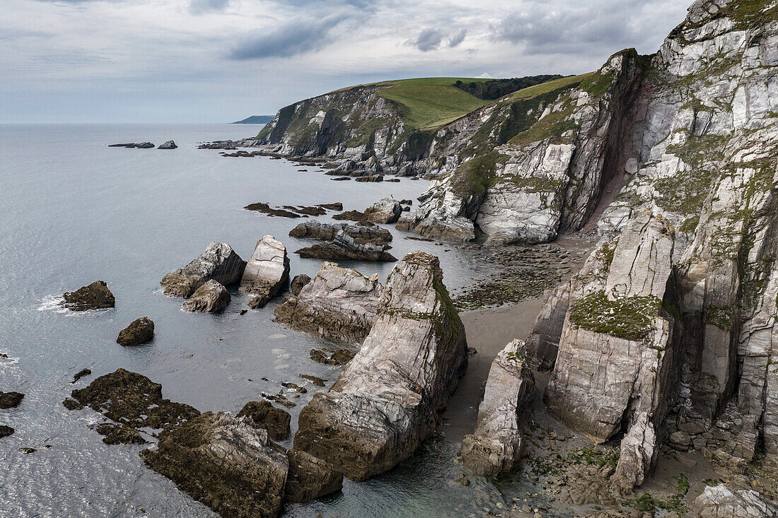 Aerial view of the dramatic cliffs at Westcombe Bay on the South Hams coast, Devon, England, United Kingdom, Europe