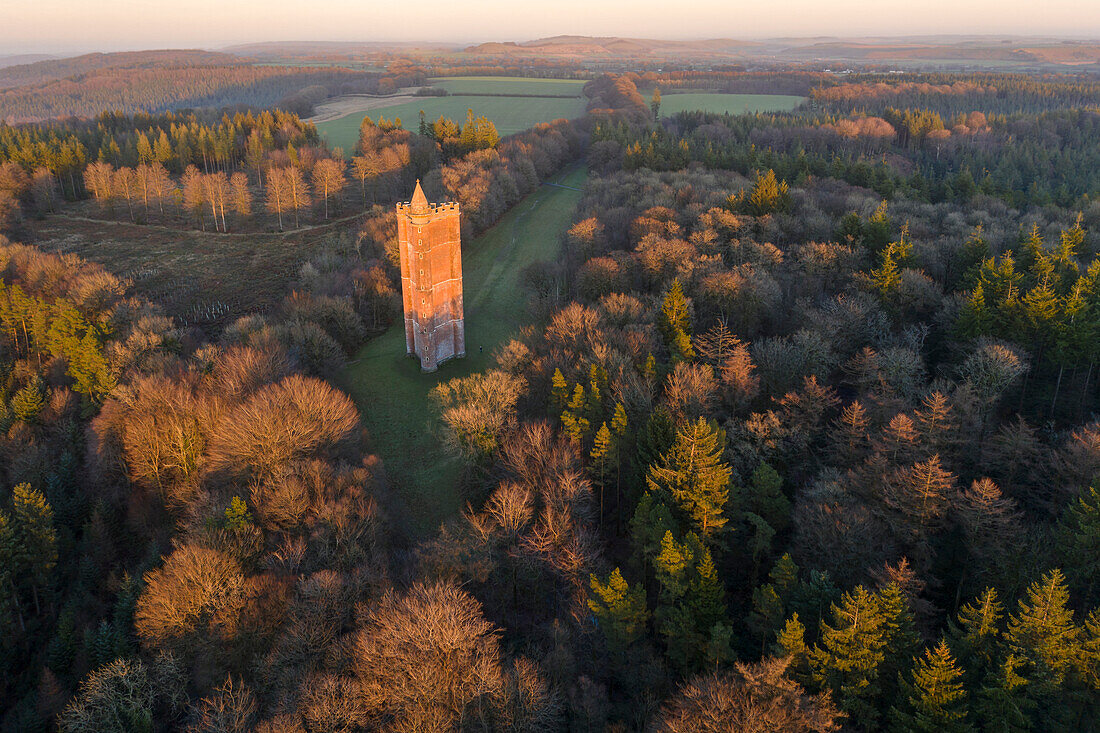 Aerial view of King Alfred's Tower, a folly near Stourhead, in winter, Somerset, England, United Kingdom, Europe