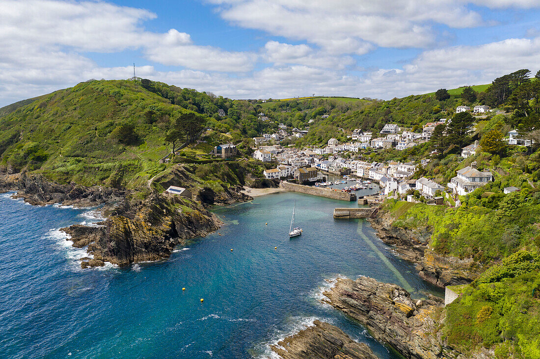 Aerial view of the picturesque Cornish fishing village, Polperro, Cornwall, England, United Kingdom, Europe