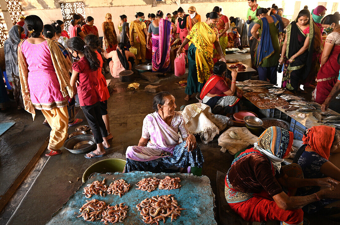 Geschäftiger Frischfischmarkt am Kai, Vanakbara, Gujarat, Indien, Asien