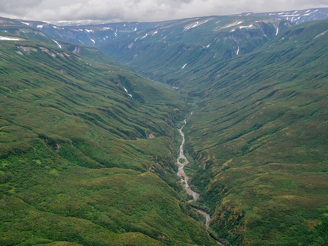 Aerial view of mountains and streams in Lake Clark National Park, Alaska, United States of America, North America