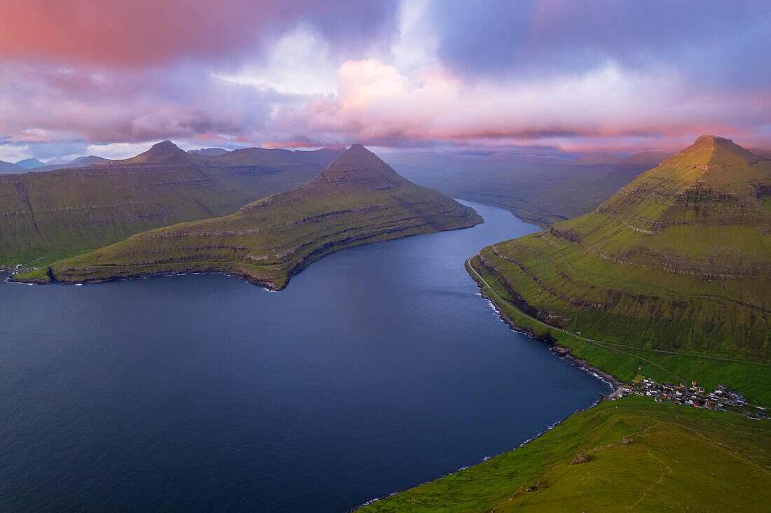 Aerial view of the fjord at sunrise, Funningur, Eysturoy island, Faroe islands, Denmark, Europe