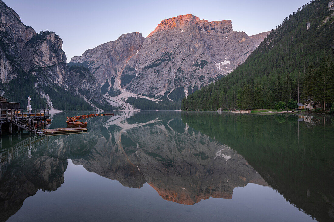 Lake Braies at dawn, Dolomites, Alto Adige, Italy, Europe