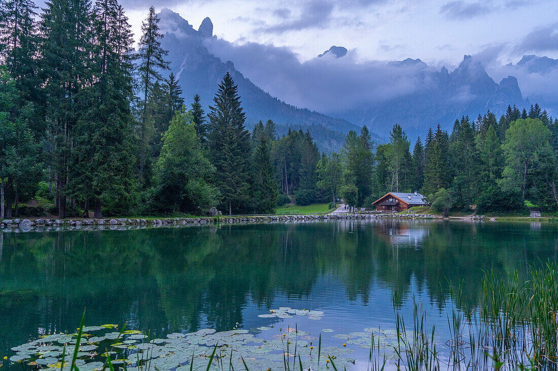 Lake Welsperg at sunset, Canali Valley, Dolomites, Trentino, Italy, Europe