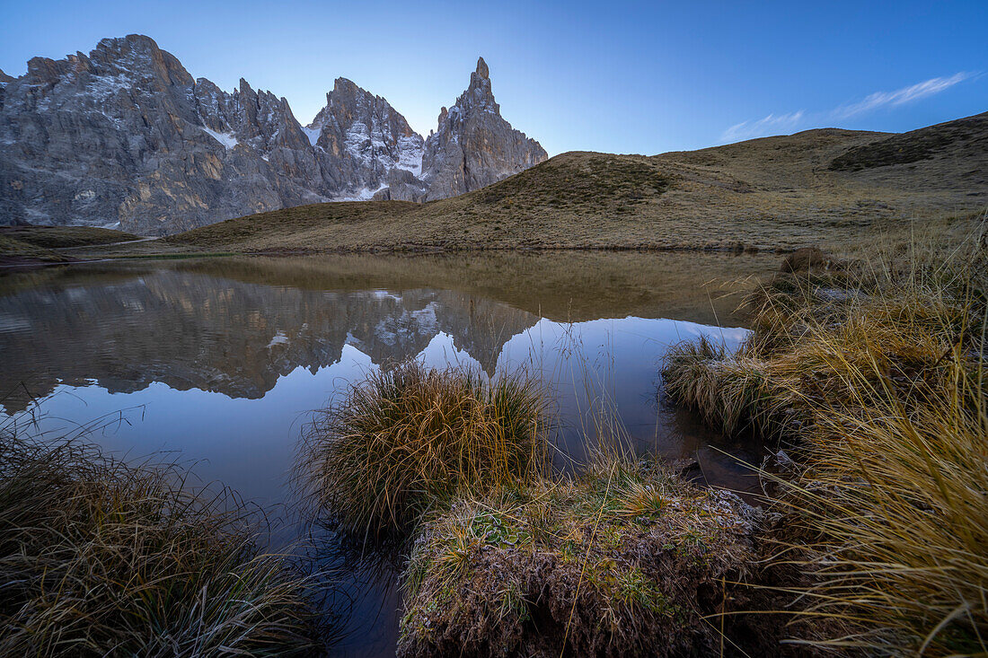 Cimon della Pala spiegelt sich in einem See, Rolle Pass, Dolomiten, Trentino, Italien, Europa