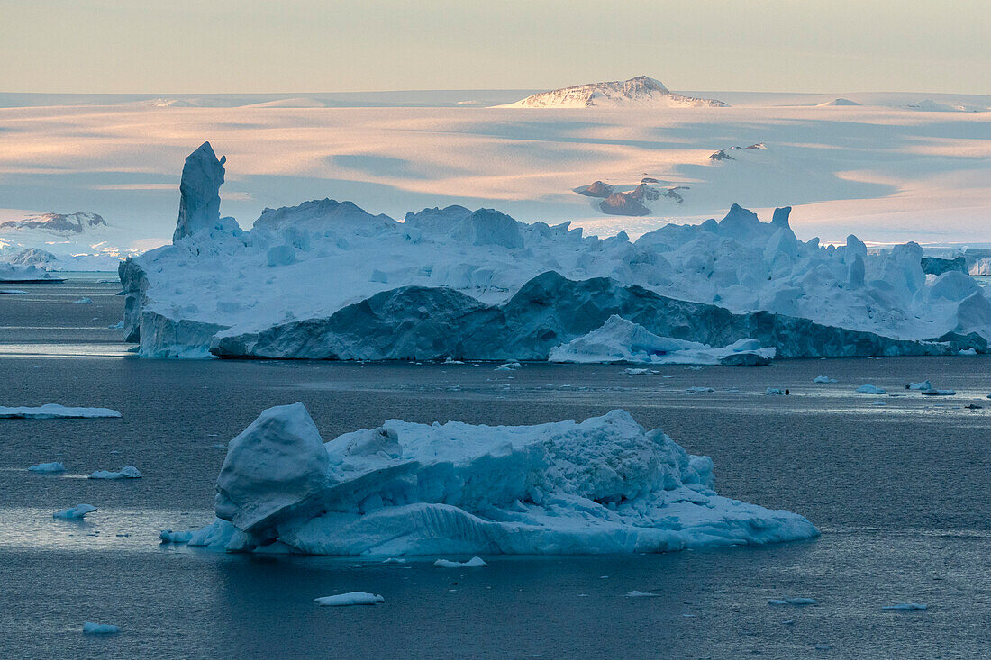 Icebergs at sunset in the Weddell Sea, Antarctica, Polar Regions