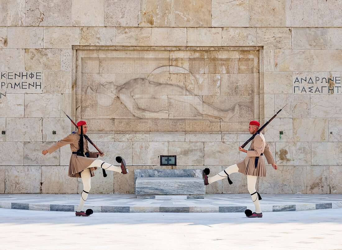 Changing of the Guard in front of the Monument to the Unknown Soldier, Syntagma Square, Athens, Attica, Greece, Europe