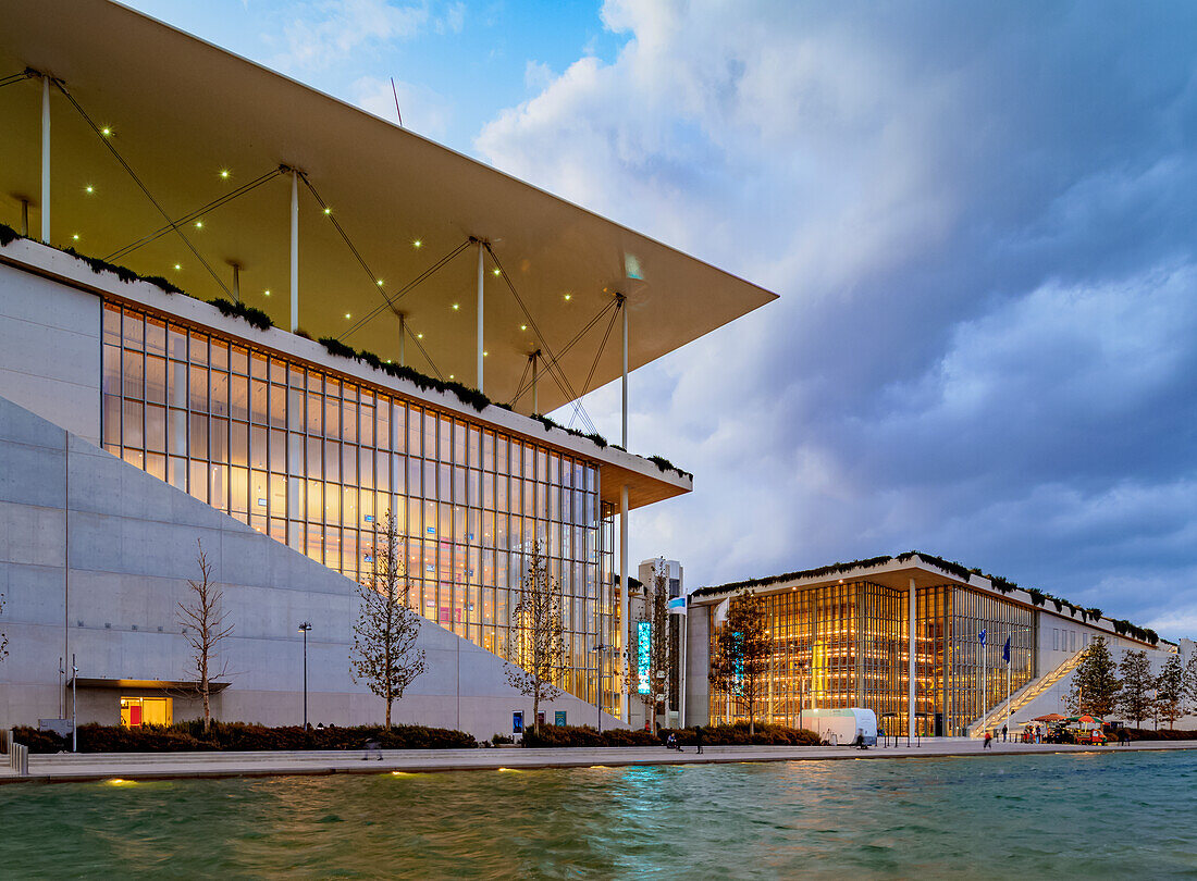 Stavros Niarchos Foundation Cultural Center at dusk, Athens, Attica, Greece, Europe