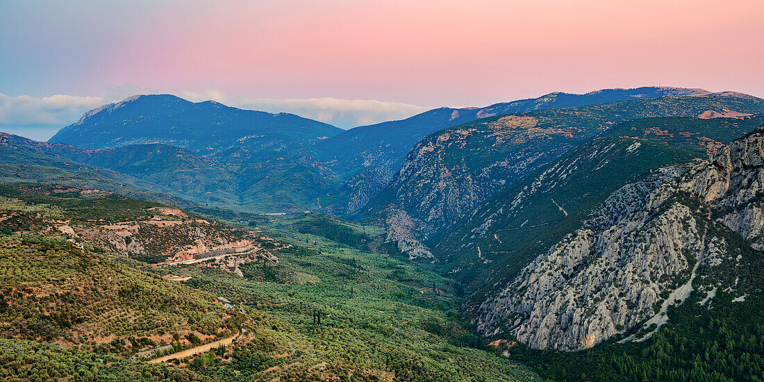 Landscape of the Pleistos River Valley at dusk, Delphi, Phocis, Greece, Europe