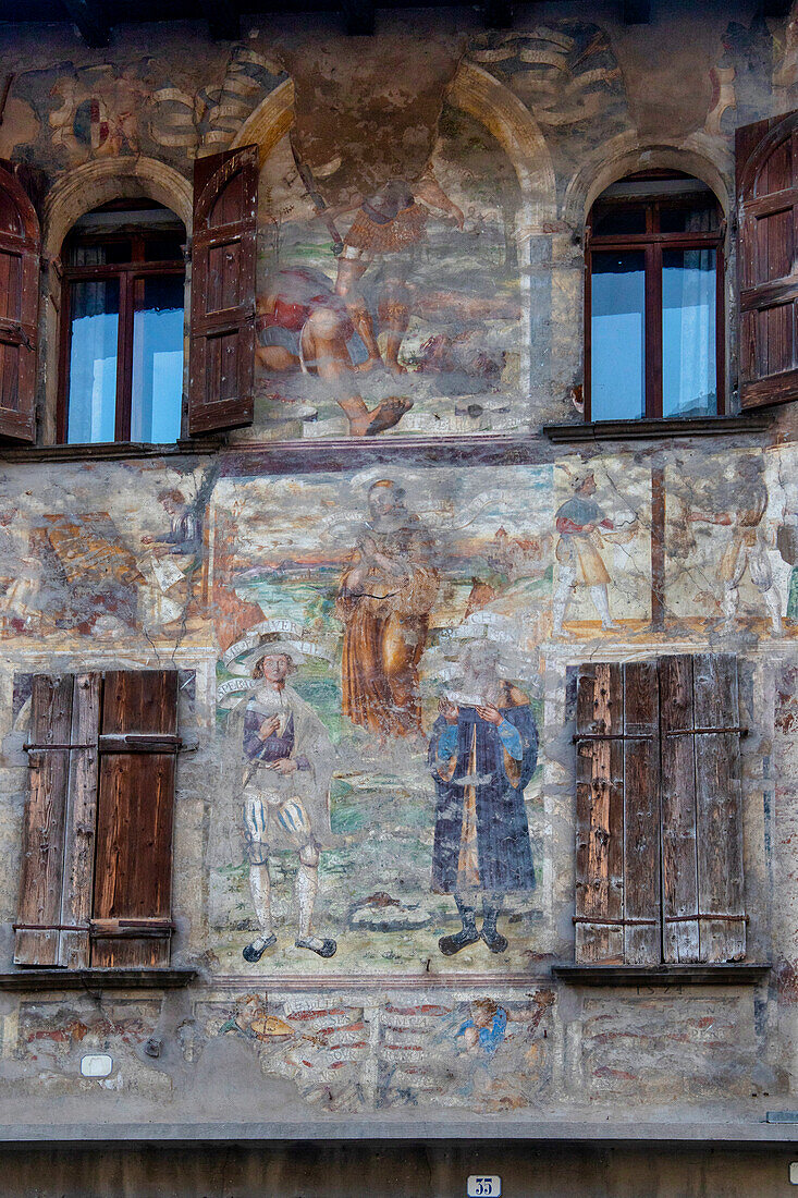 Facade with frescoes of an ancient palace, Feltre, Belluno, Veneto, Italy, Europe