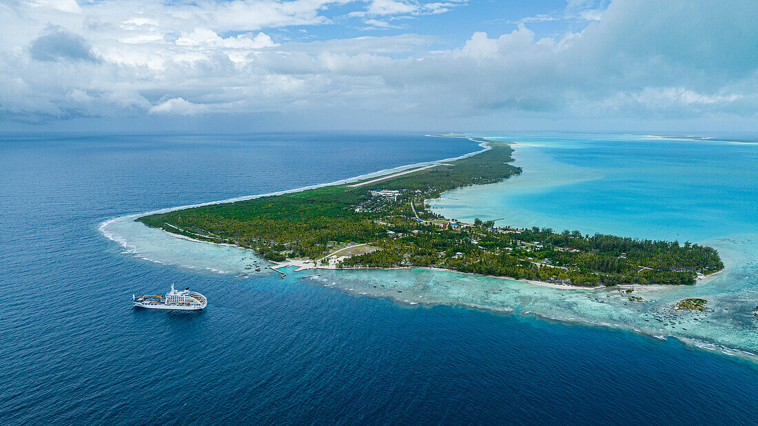 Aerial of the Anaa atoll, Tuamotu archipelago, French Polynesia, South Pacific, Pacific