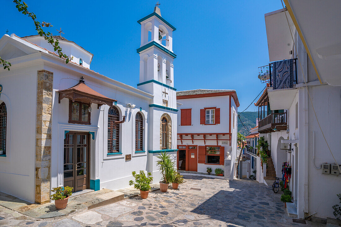 View of whitewashed church, Skopelos Town, Skopelos Island, Sporades Islands, Greek Islands, Greece, Europe