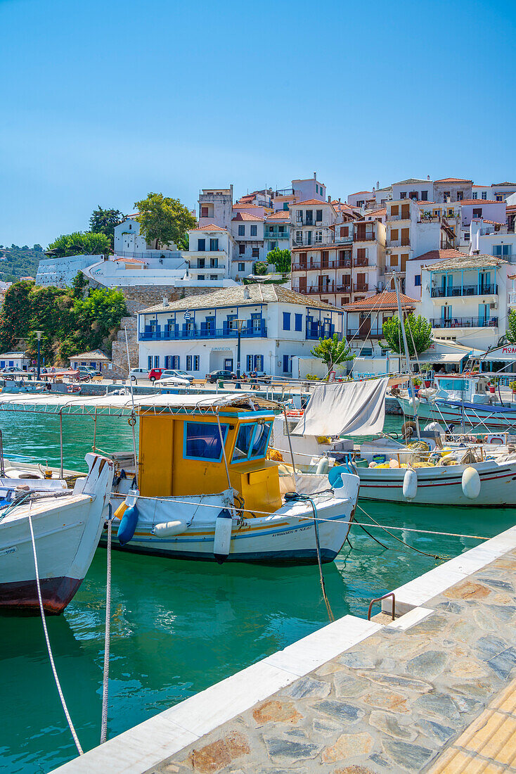 View of town overlooking the harbour, Skopelos Town, Skopelos Island, Sporades Islands, Greek Islands, Greece, Europe