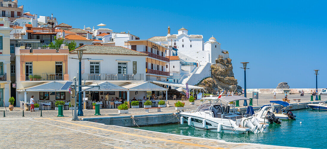 View of town overlooking the harbour, Skopelos Town, Skopelos Island, Sporades Islands, Greek Islands, Greece, Europe