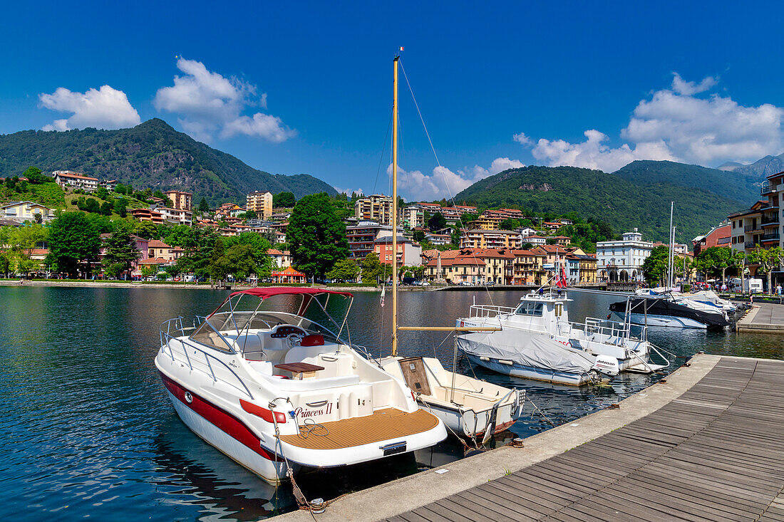 Boats moored in the small harbor of Omegna, Omegna, Lake Orta, VCO district, Italian Lakes, Italy, Europe