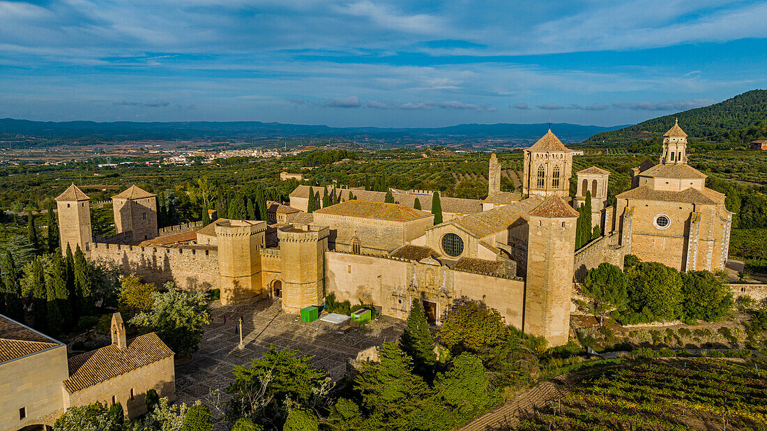 Aerial of Poblet Abbey, UNESCO World Heritage Site, Catalonia, Spain, Europe