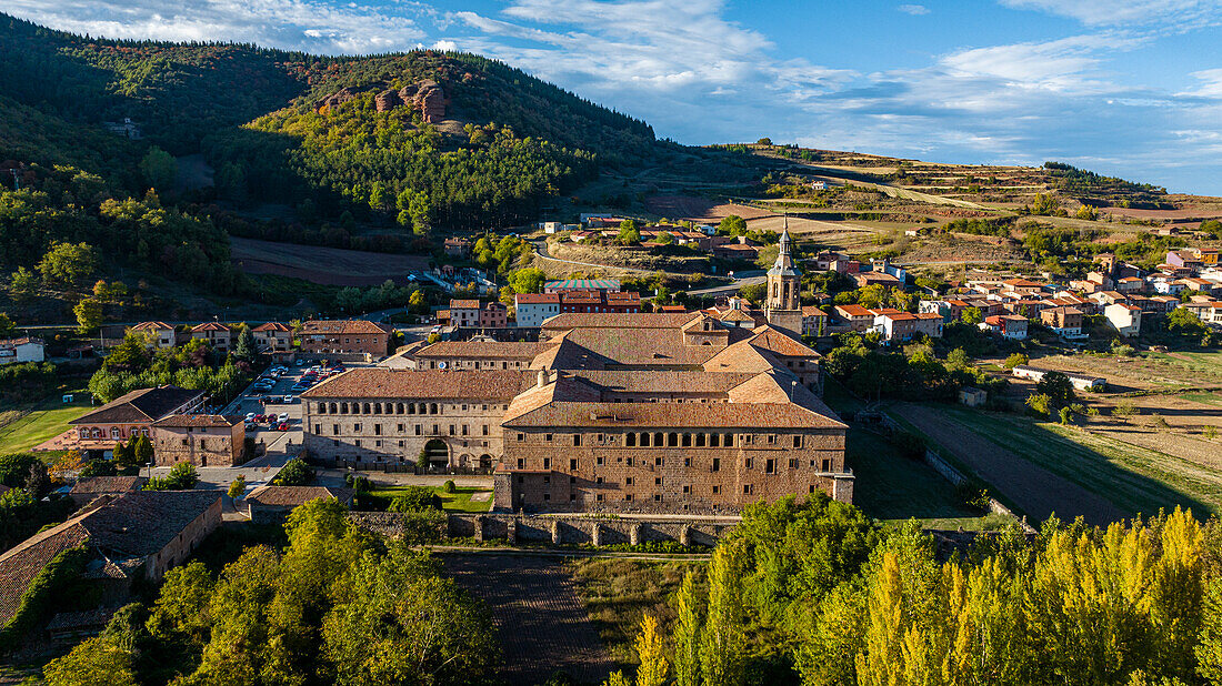 Aerial of the Yuso Monastery, UNESCO World Heritage Site, Monasteries of San Millan de la Cogolla, La Rioja, Spain, Europe