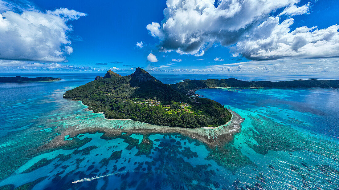 Aerial of Mangareva, Gambier archipelago, French Polynesia, South Pacific, Pacific