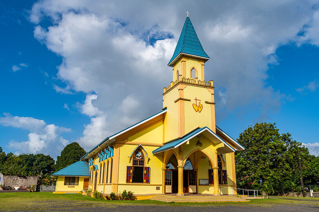 Yellow painted church, Tahiti, Society Islands, French Polynesia, South Pacific, Pacific