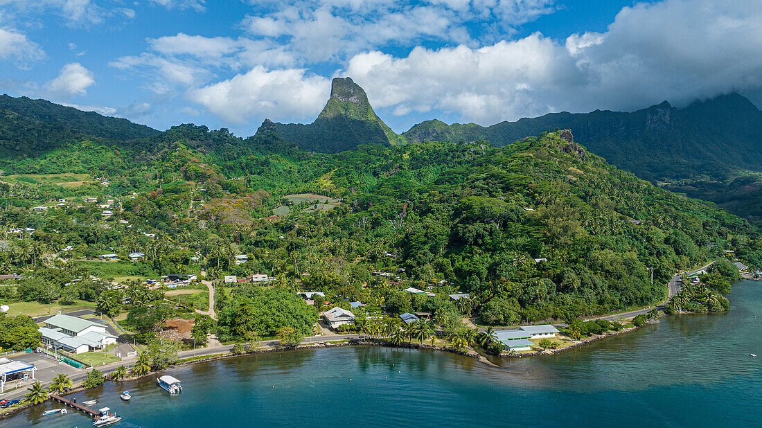 Aerial of Cook's Bay, Moorea (Mo'orea), Society Islands, French Polynesia, South Pacific, Pacific