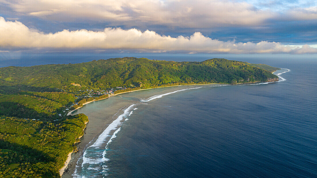 Aerial of Avera, Rurutu, Austral islands, French Polynesia, South Pacific, Pacific