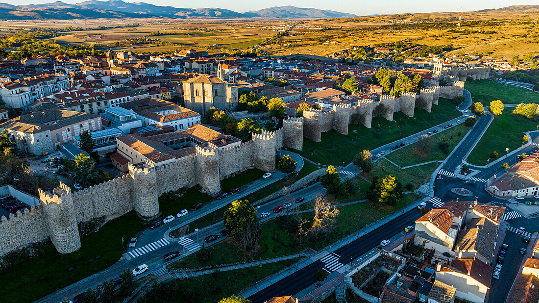 Early morning aerial of the walled city of Avila, UNESCO World Heritage Site, Castilla y Leon, Spain, Europe